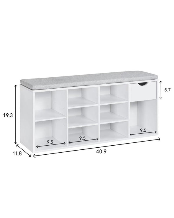 English Elm Shoe Storage Bench with Cushioned Seat Drawer and Open Shelving for Entryway W3151P345969