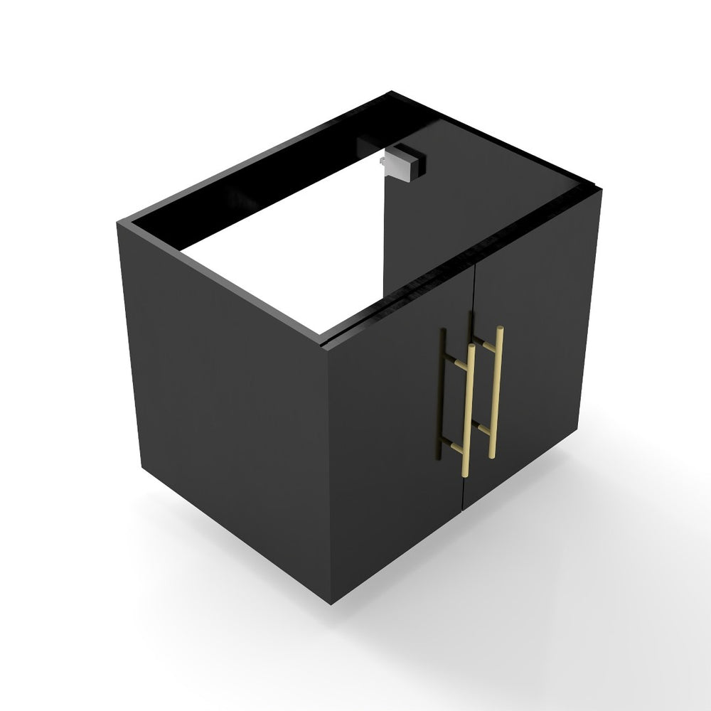 English Elm 24-Inch Wall-Mounted Glossy Black Bathroom Vanity Cabinet with Gold Handles Soft-Close Doors W3151P353918