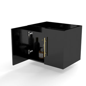 English Elm 24-Inch Wall-Mounted Glossy Black Bathroom Vanity Cabinet with Gold Handles Soft-Close Doors W3151P353918