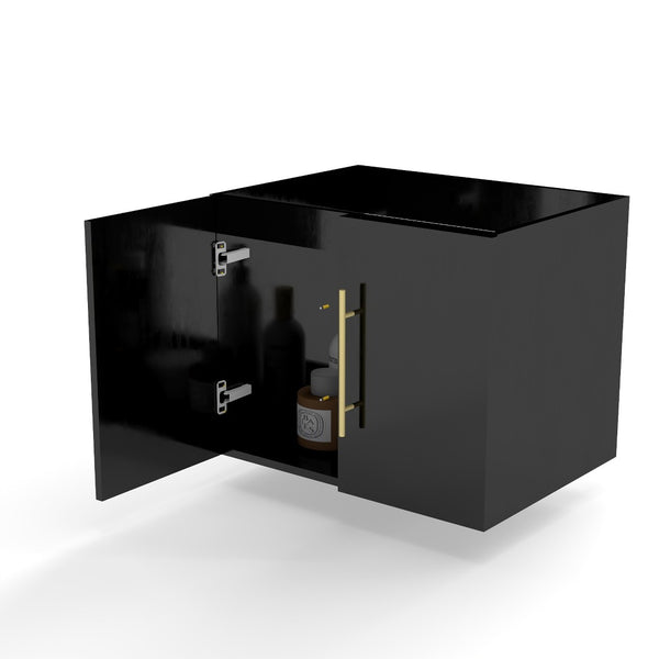 English Elm 24-Inch Wall-Mounted Glossy Black Bathroom Vanity Cabinet with Gold Handles Soft-Close Doors W3151P353918
