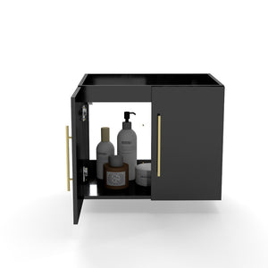 English Elm 24-Inch Wall-Mounted Glossy Black Bathroom Vanity Cabinet with Gold Handles Soft-Close Doors W3151P353918