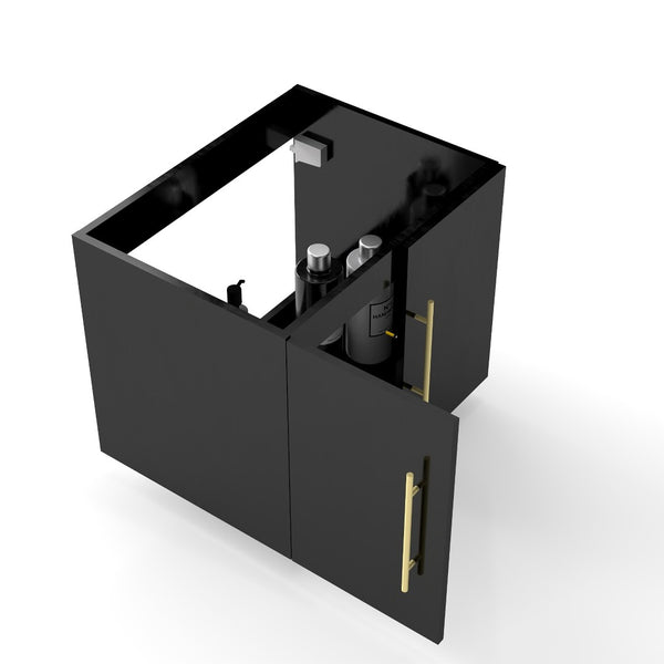English Elm 24-Inch Wall-Mounted Glossy Black Bathroom Vanity Cabinet with Gold Handles Soft-Close Doors W3151P353918
