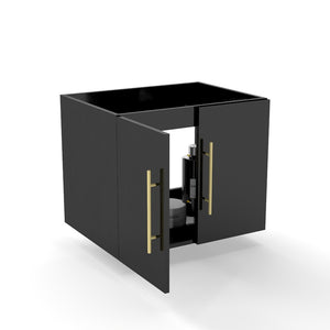 English Elm 24-Inch Wall-Mounted Glossy Black Bathroom Vanity Cabinet with Gold Handles Soft-Close Doors W3151P353918