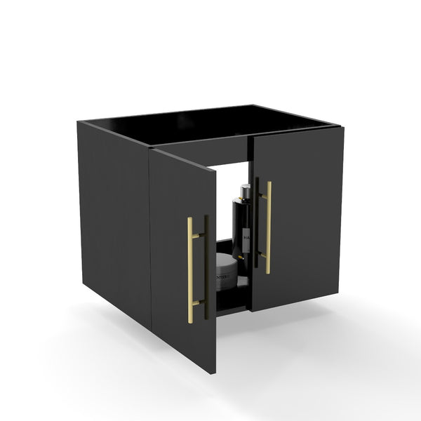 English Elm 24-Inch Wall-Mounted Glossy Black Bathroom Vanity Cabinet with Gold Handles Soft-Close Doors W3151P353918