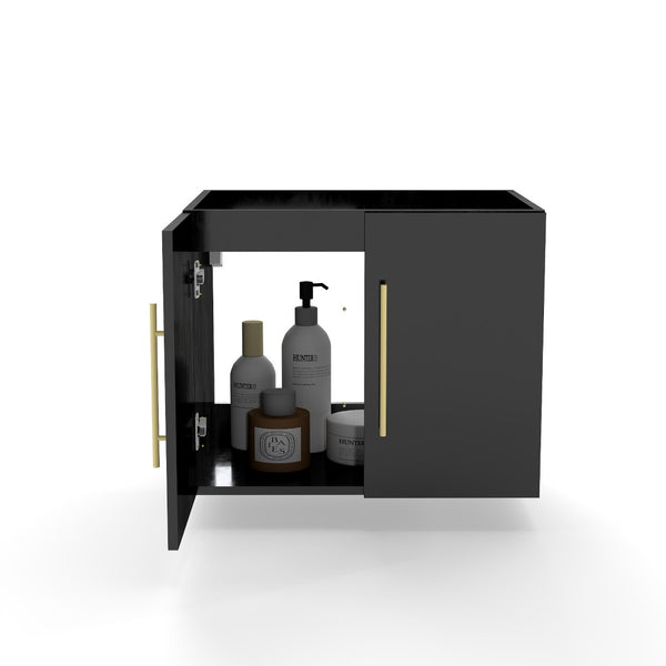 English Elm 24-Inch Wall-Mounted Glossy Black Bathroom Vanity Cabinet with Gold Handles Soft-Close Doors W3151P353918