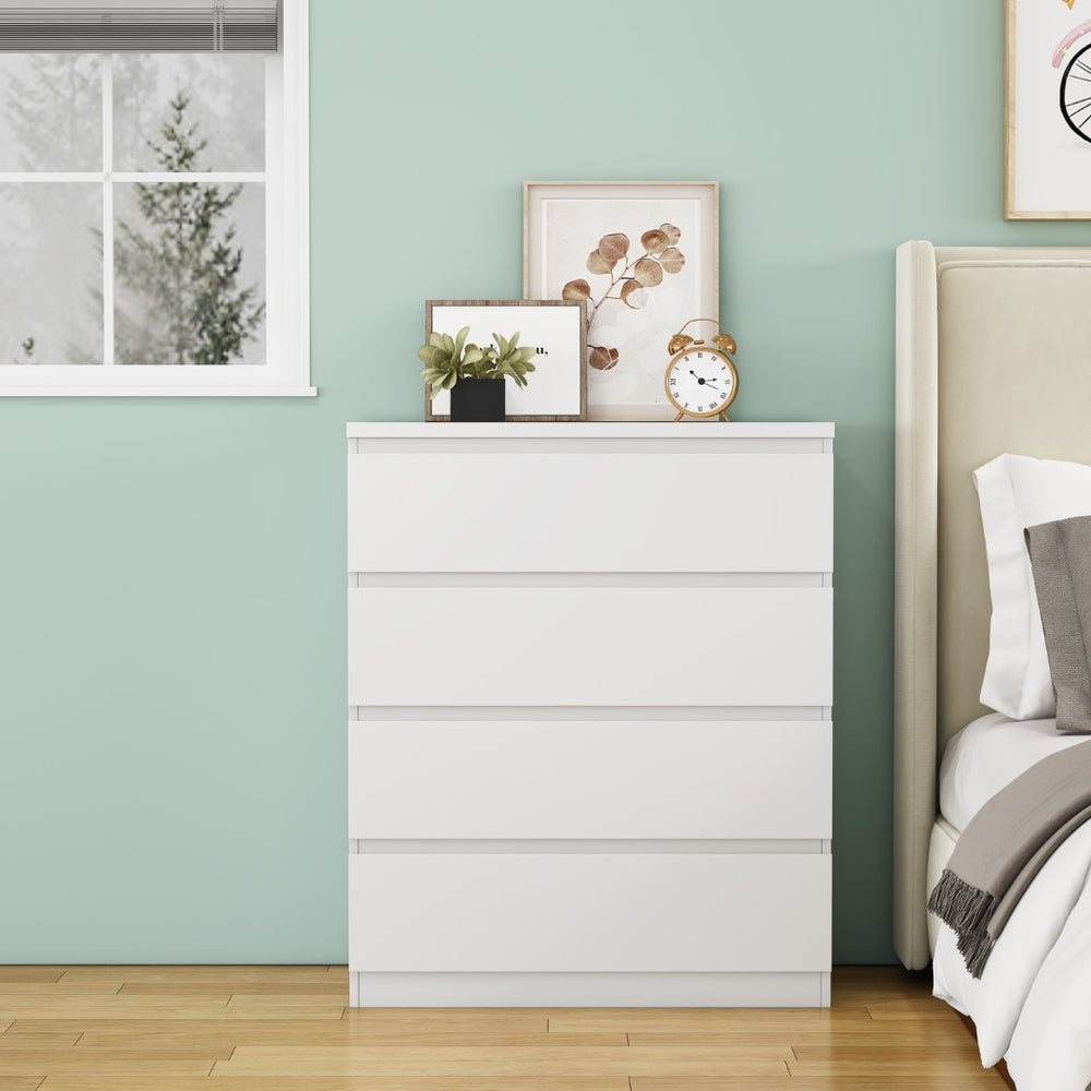 English Elm 4 Drawer Modern Chest Engineered Wood Handle Free Minimalist Storage for Bedroom Closet White W3151P407890