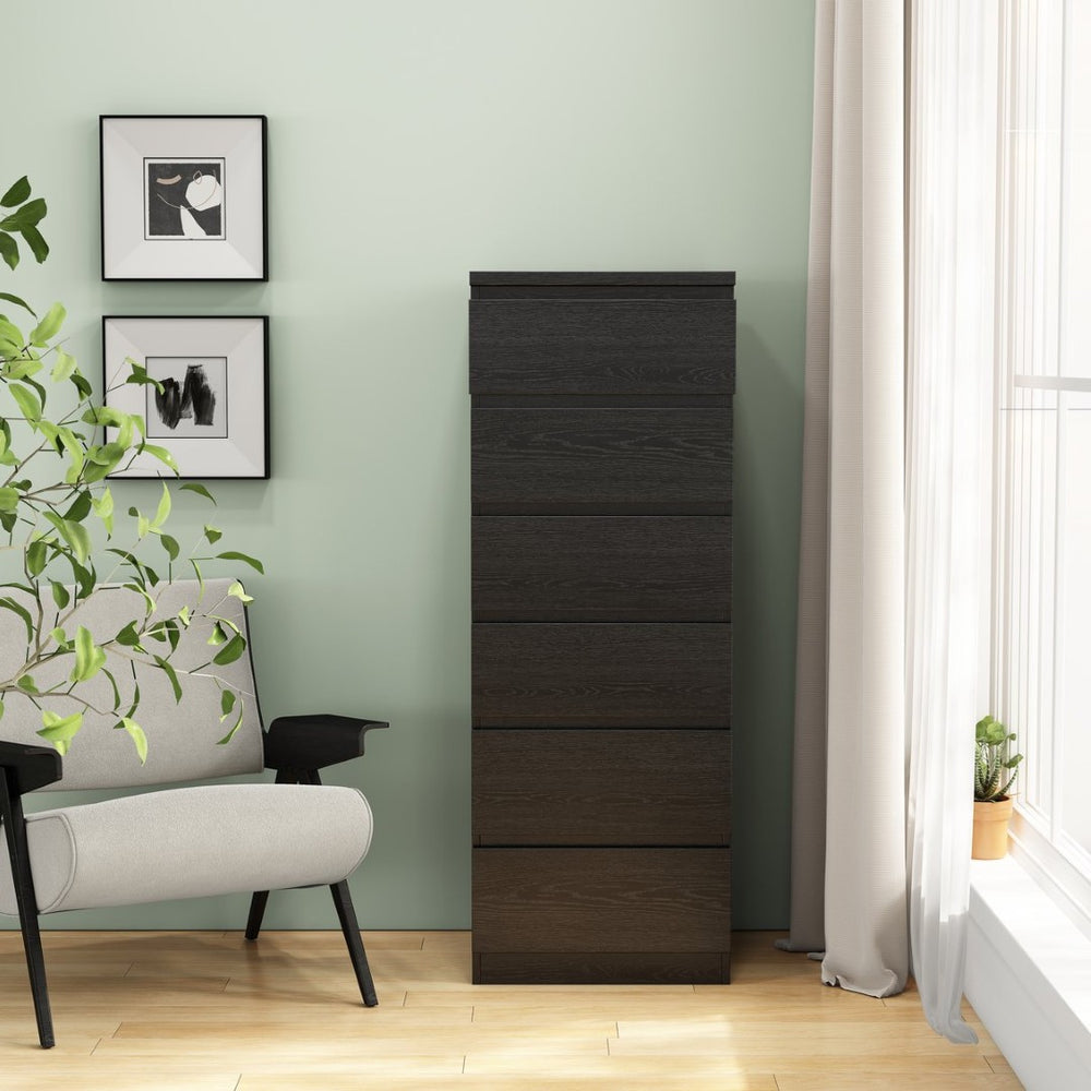 English Elm 6 Drawer Matte Black Chest Sleek Handle Free Design Compact Bedroom Storage Tower W3151P407892