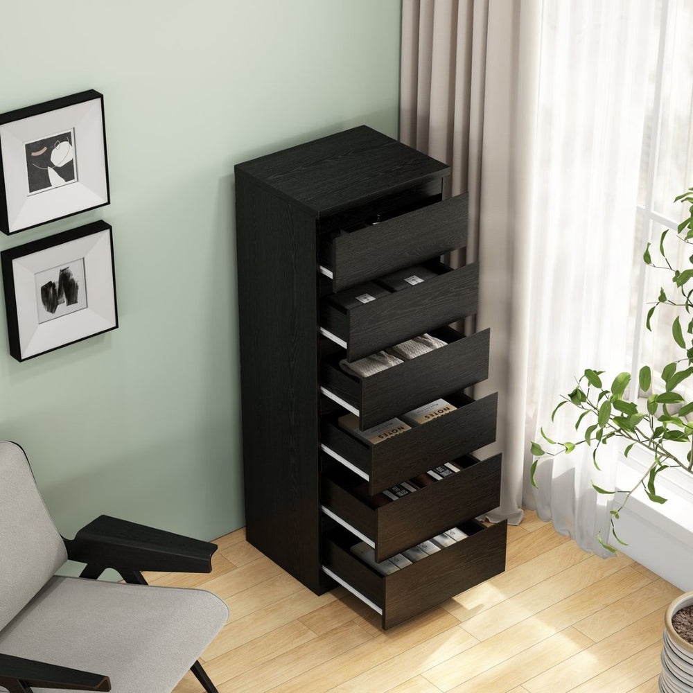 English Elm 6 Drawer Matte Black Chest Sleek Handle Free Design Compact Bedroom Storage Tower W3151P407892