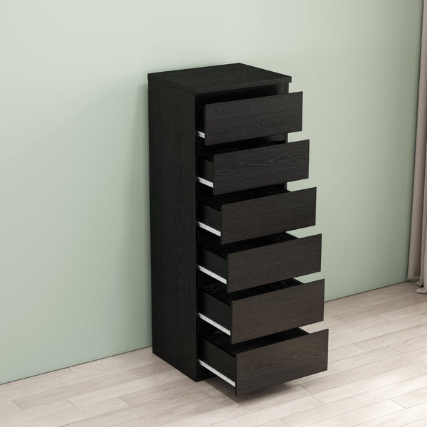English Elm 6 Drawer Matte Black Chest Sleek Handle Free Design Compact Bedroom Storage Tower W3151P407892