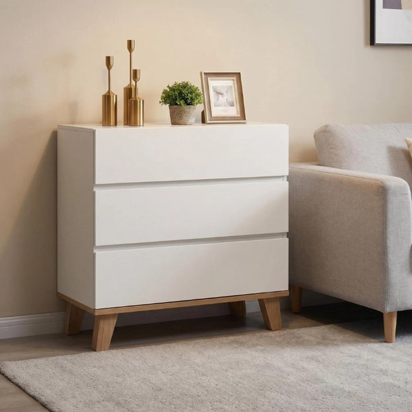 English Elm 3 Drawer White Chest with Natural Wood Legs Minimalist Bedroom Storage Cabinet W3151P511398