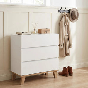 English Elm 3 Drawer White Chest with Natural Wood Legs Minimalist Bedroom Storage Cabinet W3151P511398