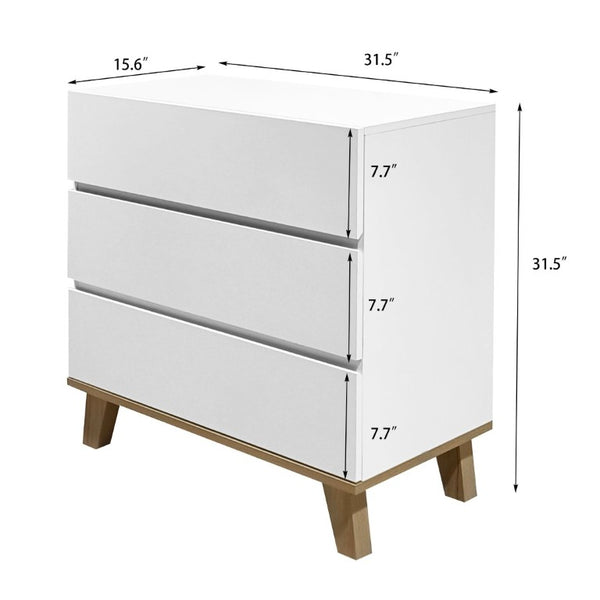 English Elm 3 Drawer White Chest with Natural Wood Legs Minimalist Bedroom Storage Cabinet W3151P511398