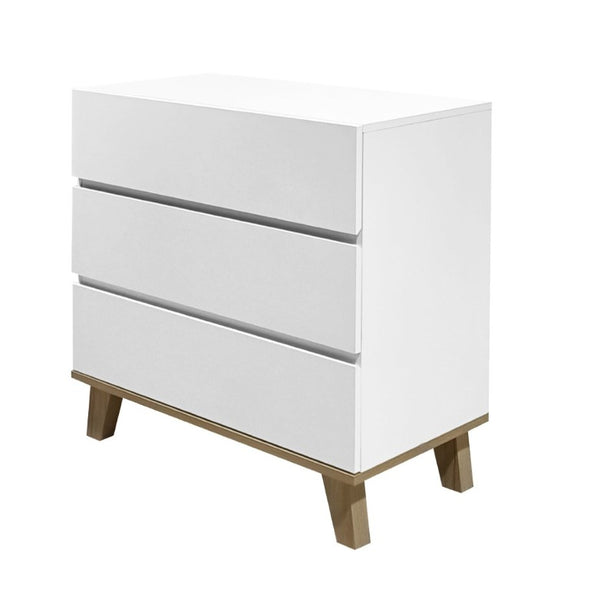 English Elm 3 Drawer White Chest with Natural Wood Legs Minimalist Bedroom Storage Cabinet W3151P511398