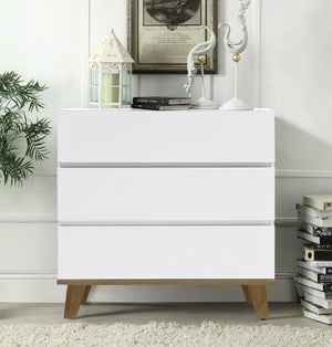 English Elm 3 Drawer White Chest with Natural Wood Legs Minimalist Bedroom Storage Cabinet W3151P511398