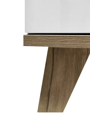 English Elm 3 Drawer White Chest with Natural Wood Legs Minimalist Bedroom Storage Cabinet W3151P511398