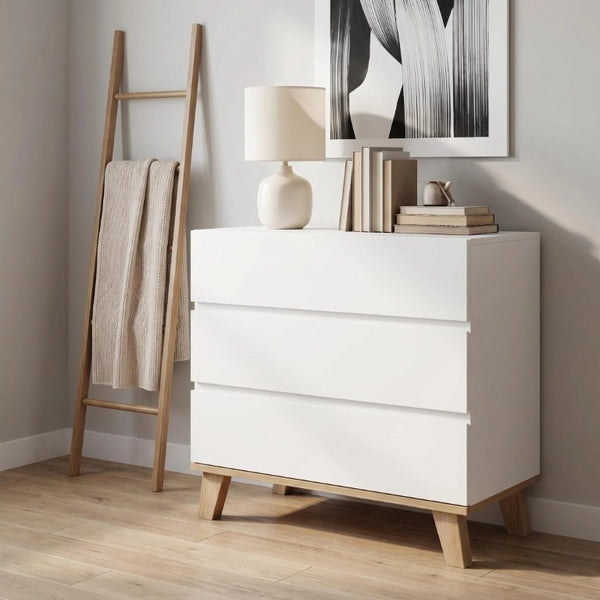 English Elm 3 Drawer White Chest with Natural Wood Legs Minimalist Bedroom Storage Cabinet W3151P511398