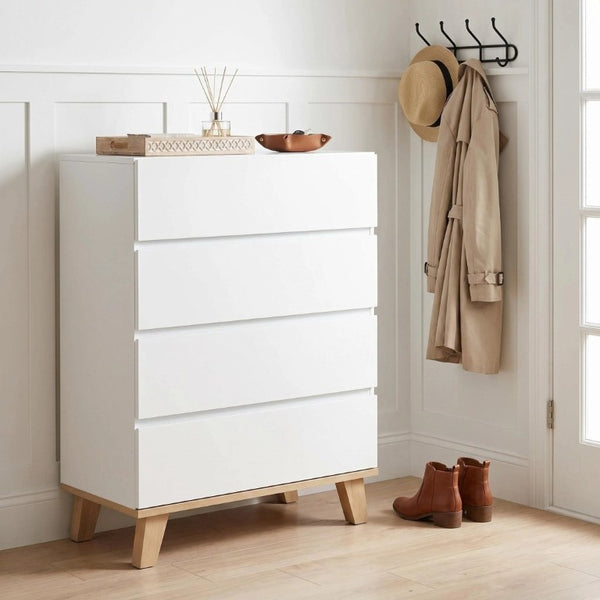 English Elm 4 Drawer White Dresser with Wood Legs Push Open Minimalist Bedroom Storage Chest W3151P511399