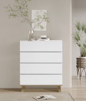 English Elm 4 Drawer White Dresser with Wood Legs Push Open Minimalist Bedroom Storage Chest W3151P511399