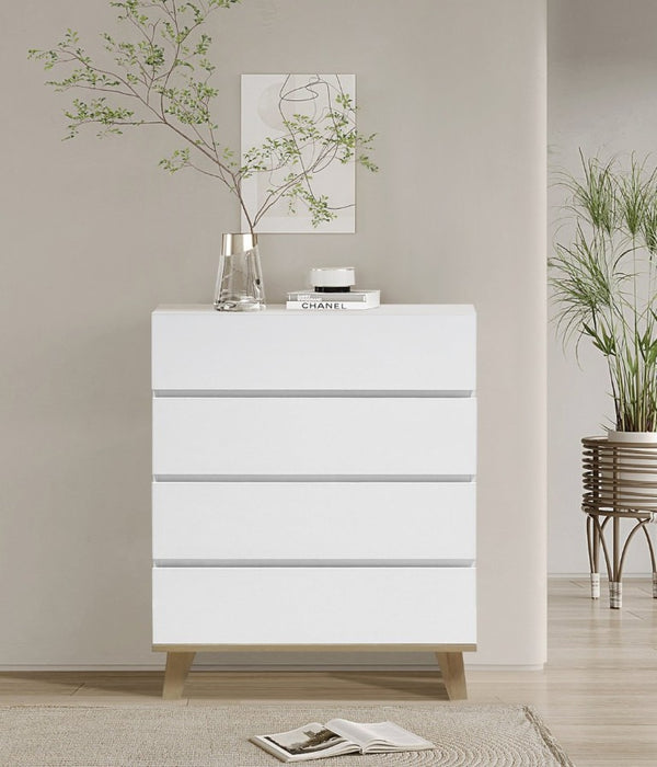 English Elm 4 Drawer White Dresser with Wood Legs Push Open Minimalist Bedroom Storage Chest W3151P511399