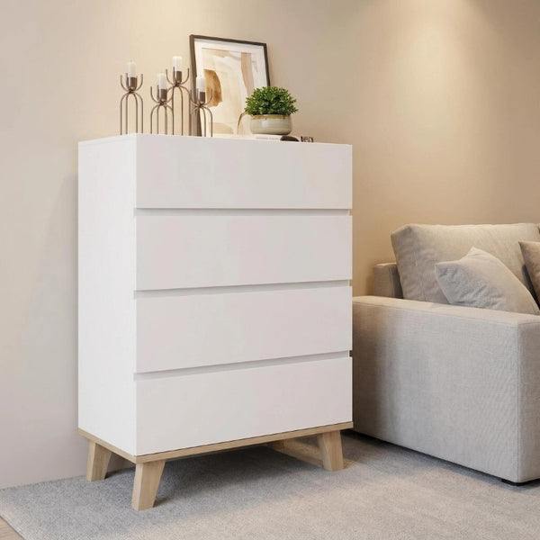 English Elm 4 Drawer White Dresser with Wood Legs Push Open Minimalist Bedroom Storage Chest W3151P511399