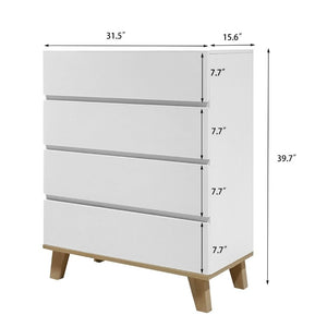 English Elm 4 Drawer White Dresser with Wood Legs Push Open Minimalist Bedroom Storage Chest W3151P511399