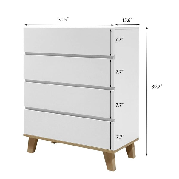 English Elm 4 Drawer White Dresser with Wood Legs Push Open Minimalist Bedroom Storage Chest W3151P511399