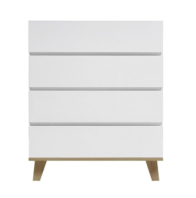 English Elm 4 Drawer White Dresser with Wood Legs Push Open Minimalist Bedroom Storage Chest W3151P511399