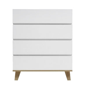 English Elm 4 Drawer White Dresser with Wood Legs Push Open Minimalist Bedroom Storage Chest W3151P511399