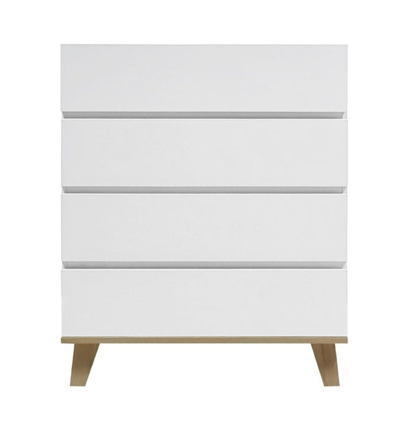 English Elm 4 Drawer White Dresser with Wood Legs Push Open Minimalist Bedroom Storage Chest W3151P511399