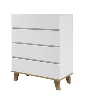 English Elm 4 Drawer White Dresser with Wood Legs Push Open Minimalist Bedroom Storage Chest W3151P511399