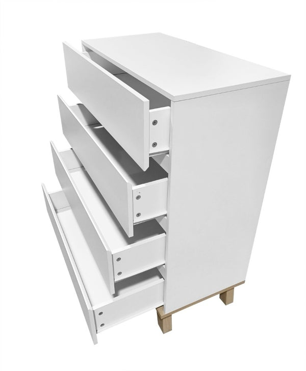 English Elm 4 Drawer White Dresser with Wood Legs Push Open Minimalist Bedroom Storage Chest W3151P511399