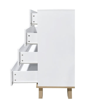English Elm 4 Drawer White Dresser with Wood Legs Push Open Minimalist Bedroom Storage Chest W3151P511399