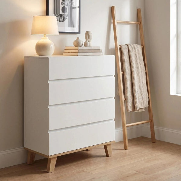 English Elm 4 Drawer White Dresser with Wood Legs Push Open Minimalist Bedroom Storage Chest W3151P511399