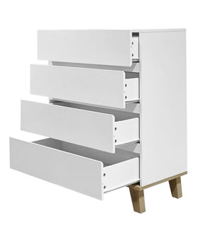 English Elm 4 Drawer White Dresser with Wood Legs Push Open Minimalist Bedroom Storage Chest W3151P511399