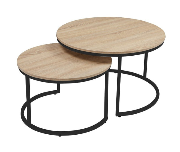 English Elm 31.5-Inch Round Nesting Tables Set of 2 Oak Wood Top Metal Frame Modern Living Room W3151P511400