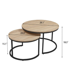 English Elm 31.5-Inch Round Nesting Tables Set of 2 Oak Wood Top Metal Frame Modern Living Room W3151P511400