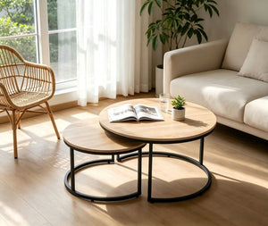 English Elm 31.5-Inch Round Nesting Tables Set of 2 Oak Wood Top Metal Frame Modern Living Room W3151P511400