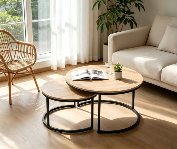 English Elm 31.5-Inch Round Nesting Tables Set of 2 Oak Wood Top Metal Frame Modern Living Room W3151P511400