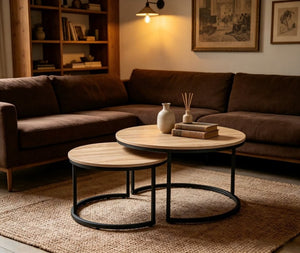 English Elm 31.5-Inch Round Nesting Tables Set of 2 Oak Wood Top Metal Frame Modern Living Room W3151P511400