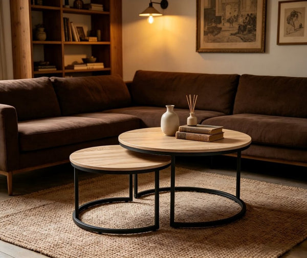 English Elm 31.5-Inch Round Nesting Tables Set of 2 Oak Wood Top Metal Frame Modern Living Room W3151P511400