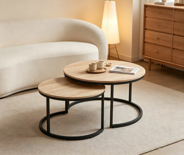 English Elm 31.5-Inch Round Nesting Tables Set of 2 Oak Wood Top Metal Frame Modern Living Room W3151P511400