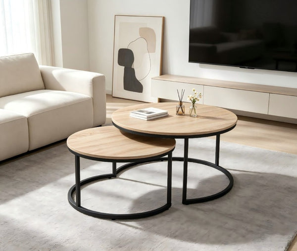 English Elm 31.5-Inch Round Nesting Tables Set of 2 Oak Wood Top Metal Frame Modern Living Room W3151P511400