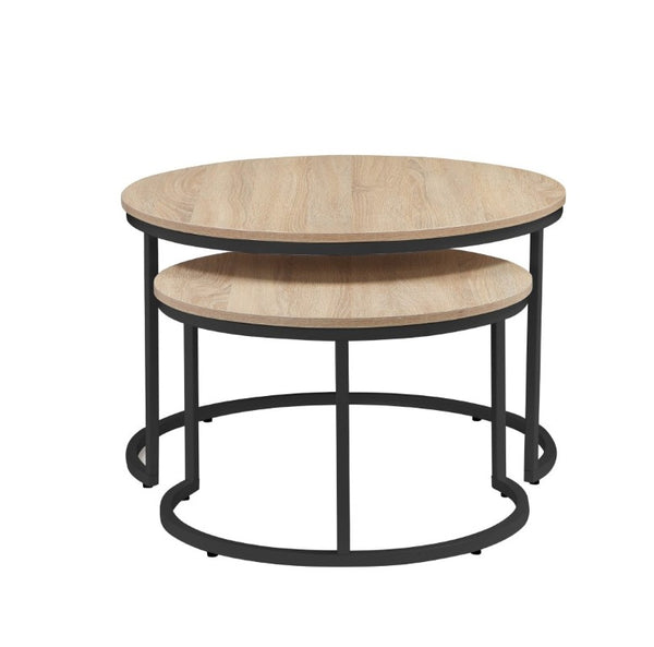 English Elm 31.5-Inch Round Nesting Tables Set of 2 Oak Wood Top Metal Frame Modern Living Room W3151P511400