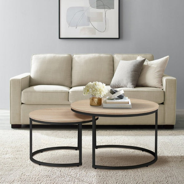 English Elm 31.5-Inch Round Nesting Tables Set of 2 Oak Wood Top Metal Frame Modern Living Room W3151P511400