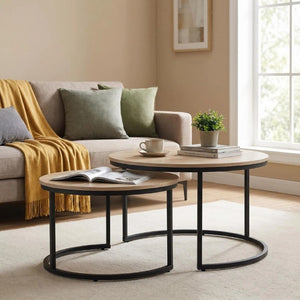 English Elm 31.5-Inch Round Nesting Tables Set of 2 Oak Wood Top Metal Frame Modern Living Room W3151P511400