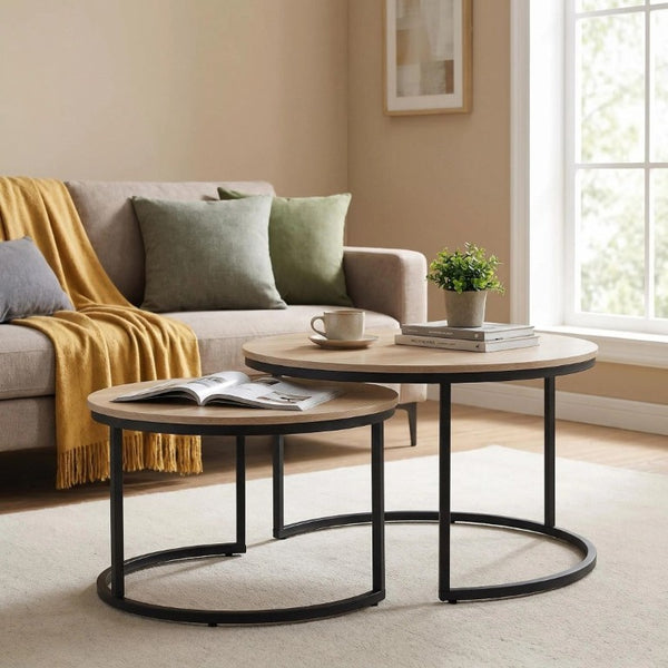 English Elm 31.5-Inch Round Nesting Tables Set of 2 Oak Wood Top Metal Frame Modern Living Room W3151P511400