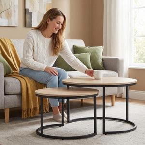 English Elm 31.5-Inch Round Nesting Tables Set of 2 Oak Wood Top Metal Frame Modern Living Room W3151P511400