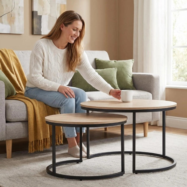English Elm 31.5-Inch Round Nesting Tables Set of 2 Oak Wood Top Metal Frame Modern Living Room W3151P511400