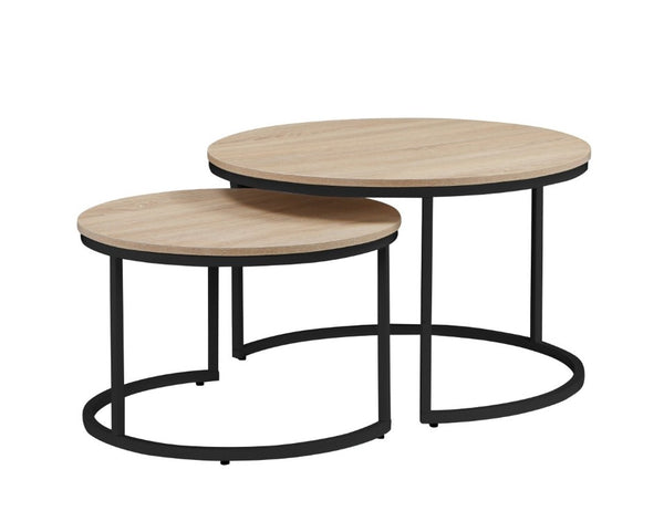 English Elm 31.5-Inch Round Nesting Tables Set of 2 Oak Wood Top Metal Frame Modern Living Room W3151P511400