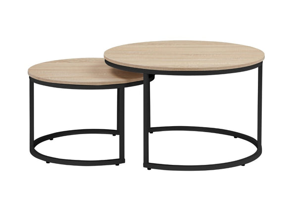 English Elm 31.5-Inch Round Nesting Tables Set of 2 Oak Wood Top Metal Frame Modern Living Room W3151P511400